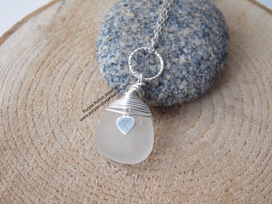 White Marazion Sea Glass Necklace with Heart Charm and Diamond Cut Ring N623