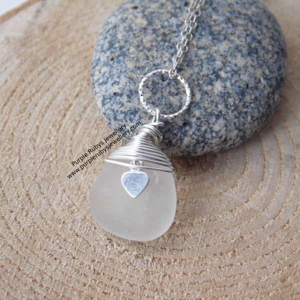 White Marazion Sea Glass Necklace with Heart Charm and Diamond Cut Ring N623