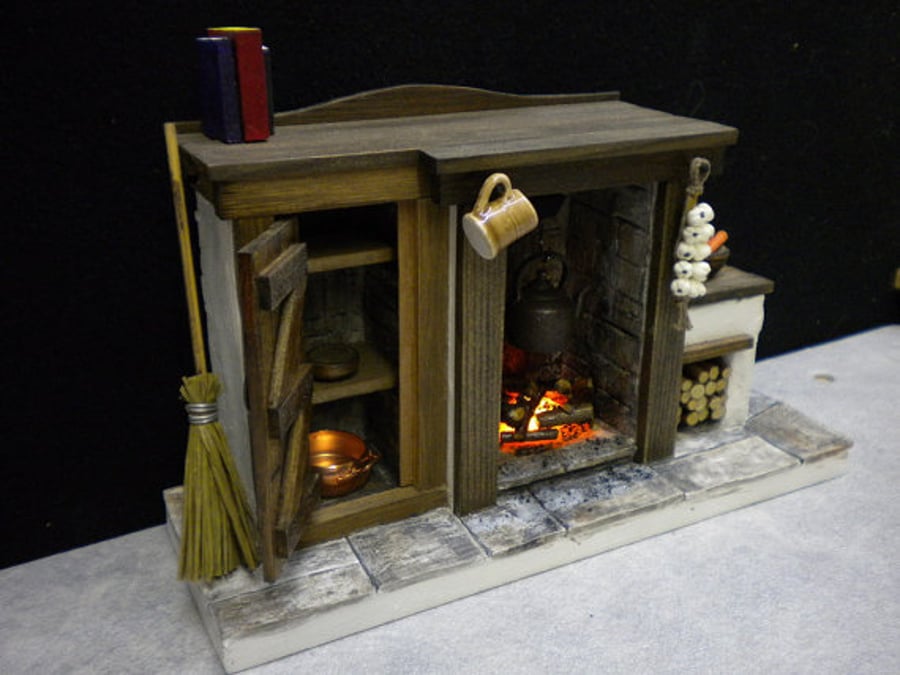 DollsHouse Fireplace 1:12th Scale Light up fire with opening cupboard door