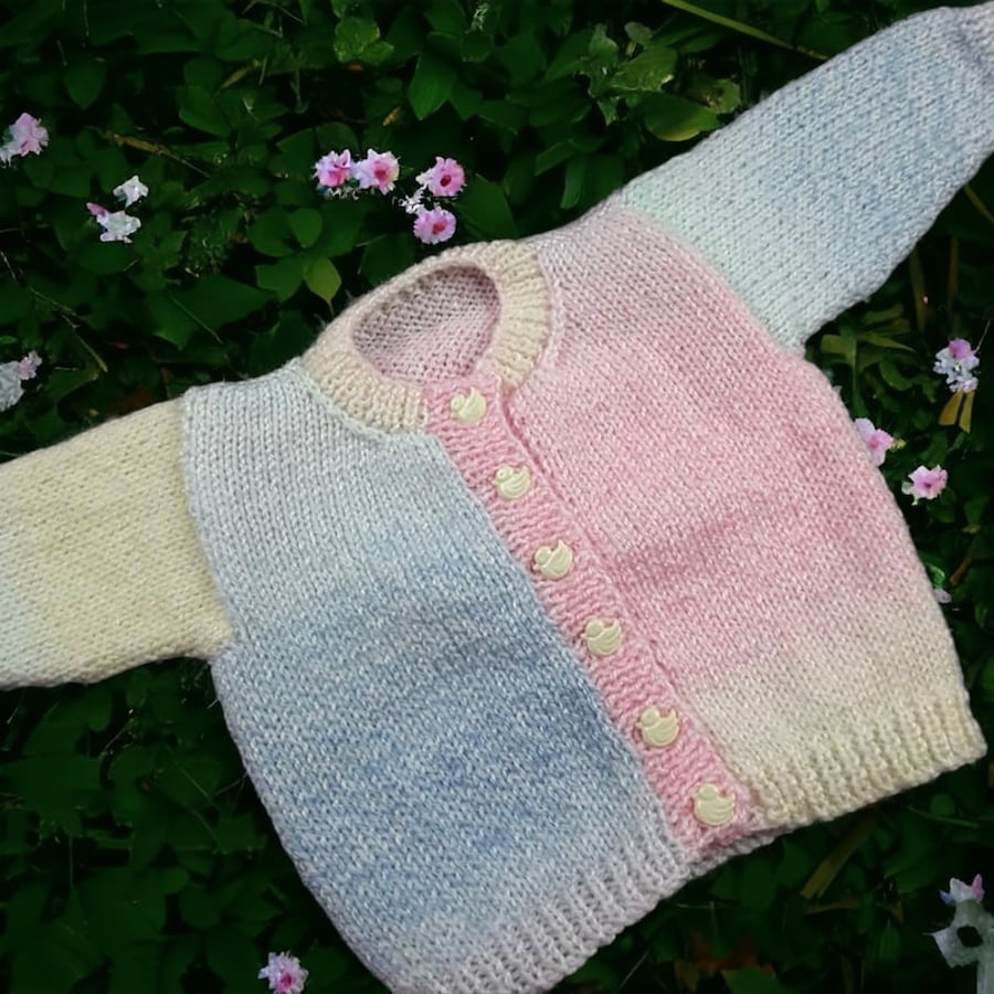 Hand knitted baby cardigan in pastels to fit 0 - 3 months Seconds Sunday