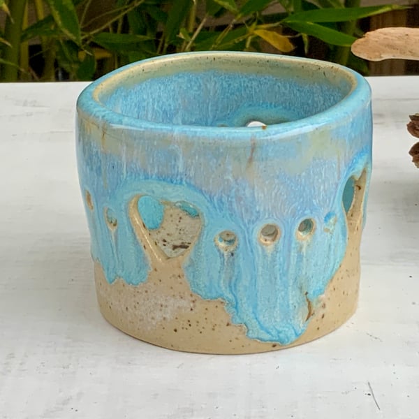 Tealight Candle Holder with winter wood & norse blue glaze 