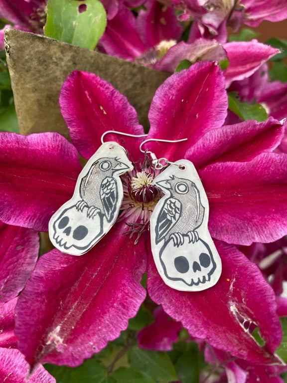 Gothic Edgar Allen Poe Raven and Skull Dangly Earrings