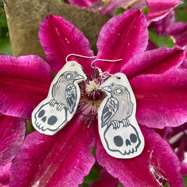 Gothic Edgar Allen Poe Raven and Skull Dangly Earrings