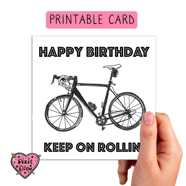 Printable cyclist birthday card with bicycle illustration