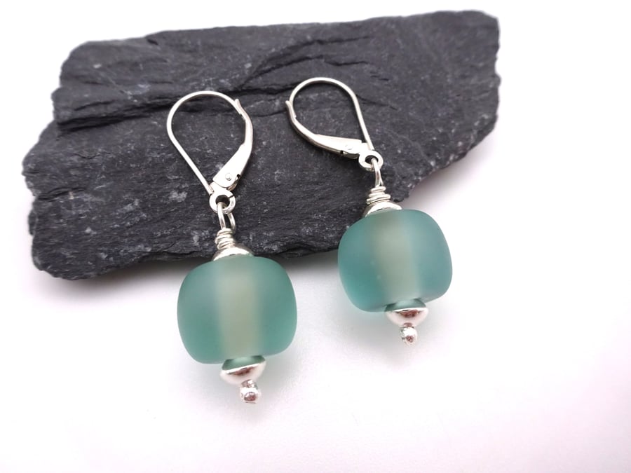 aqua lampwork glass sterling silver lever back earrings