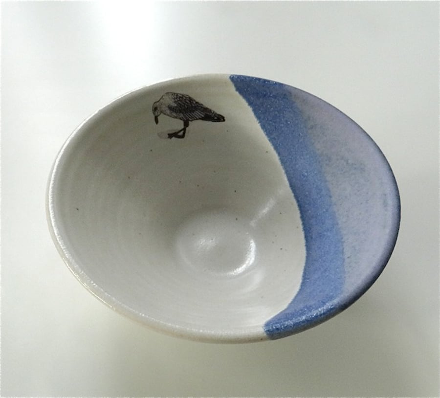 Stoneware ceramic bowl with feeding gull image - handmade pottery