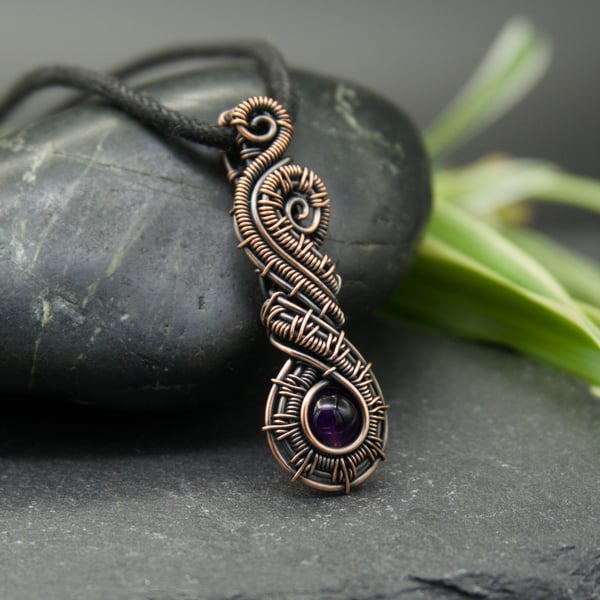 Wire Weave Long Swirly Copper Pendant with Purple Amethyst
