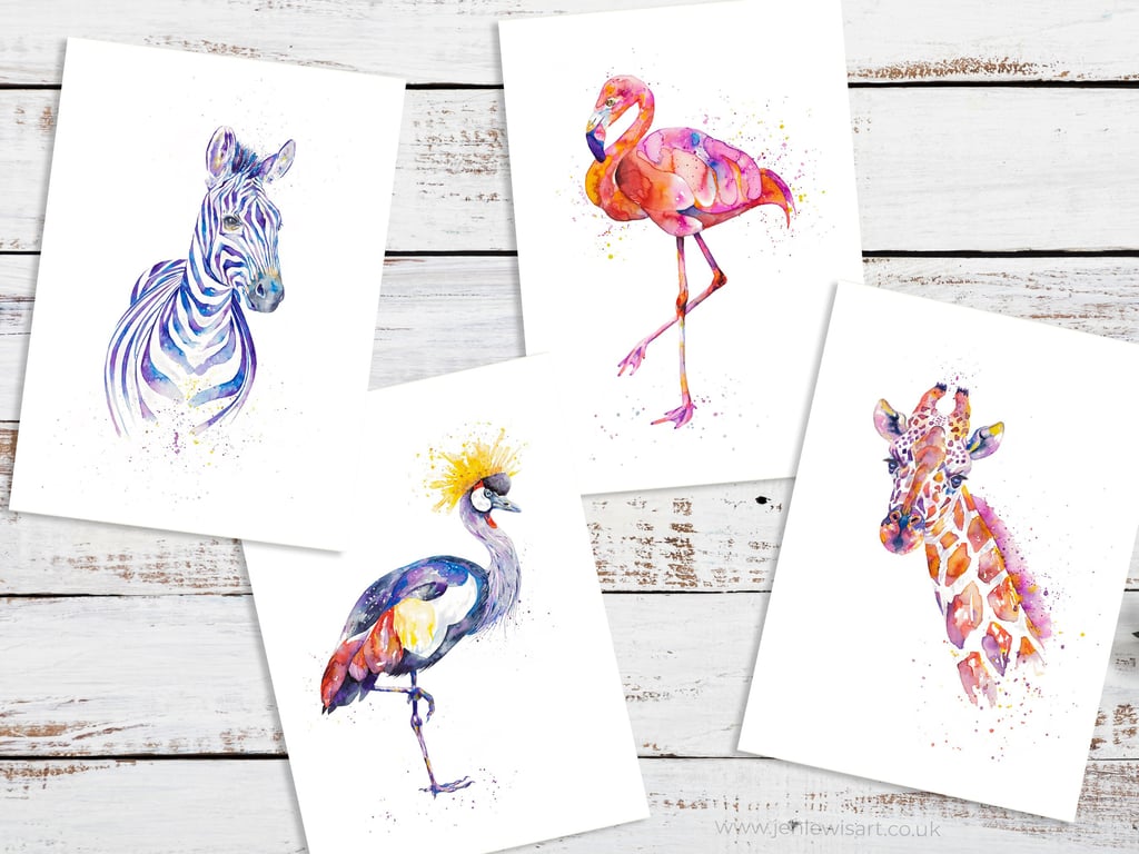 Exotic African Wildlife Art Cards, zebra, giraffe, flamingo, crane, set of 4