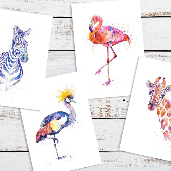 Exotic African Wildlife Art Cards, zebra, giraffe, flamingo, crane, set of 4