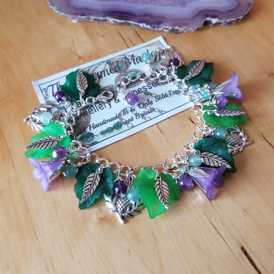 Amethyst & Aventurine Scottish Thistle Charm Bracelet with Purple Lucite Flowers