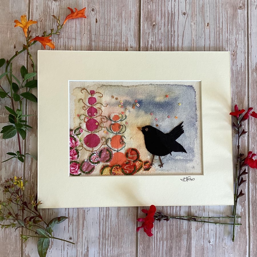 Hand stitched blackbird art, bird textile art, nature collage, bird lovers gift