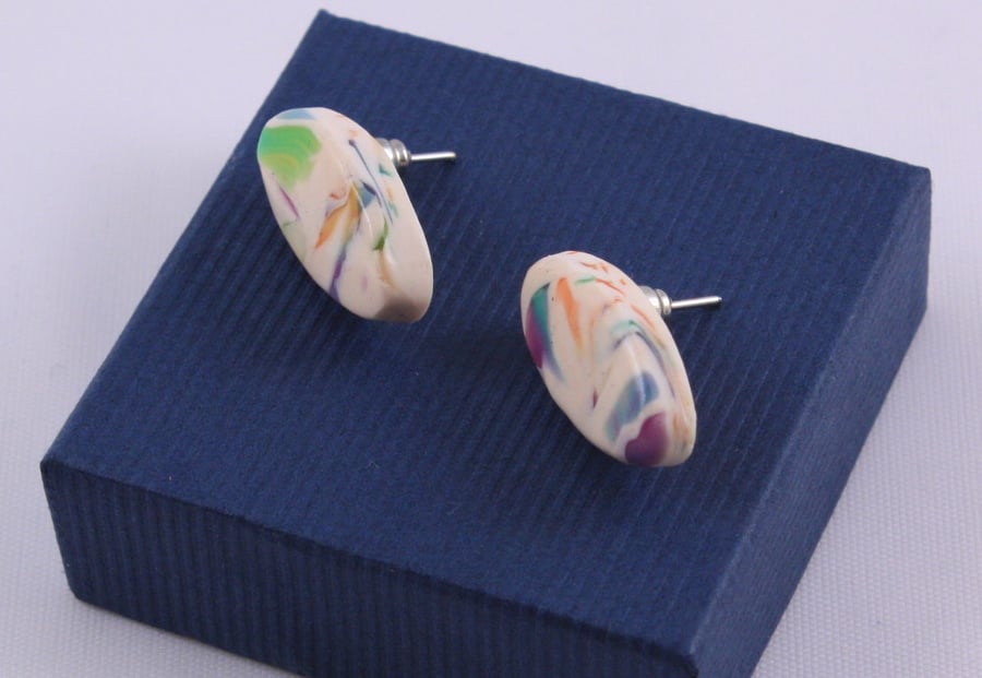 Oval polymer clay stud earrings in iridescent colors