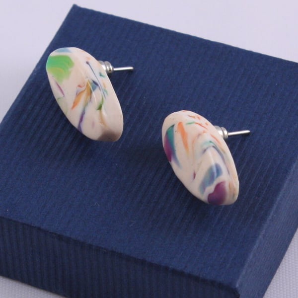 Oval polymer clay stud earrings in iridescent colors