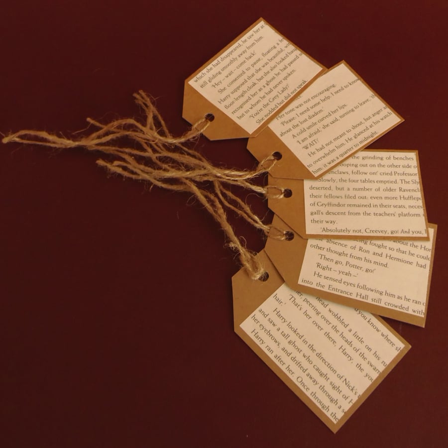 Literary Gift Tags pack of 5 book page labels with twine ties