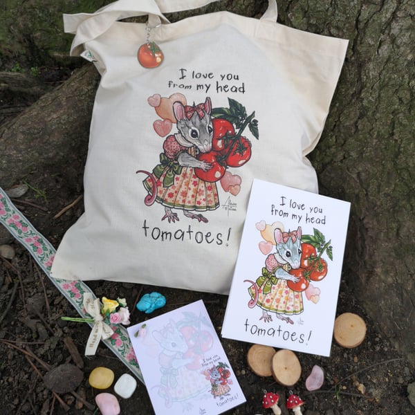BUNDLE ECO-FAIR TRADE TOTE BAG, KEY RING & PRINT "From my head tomatoes"!