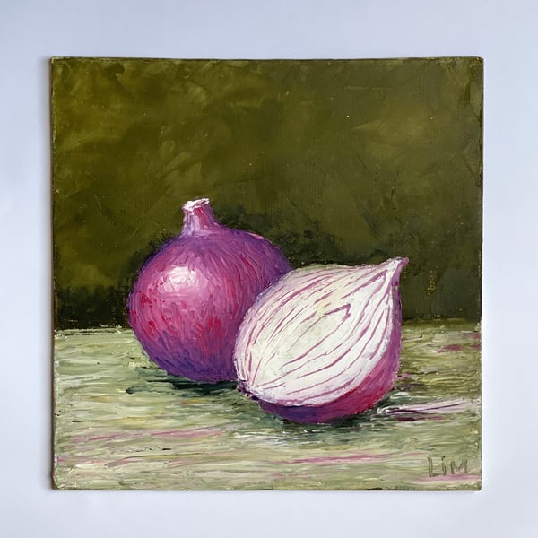 Original Onion Painting - 6x6 Impasto Vegetable Still Life Oil Art - Hand-Painte