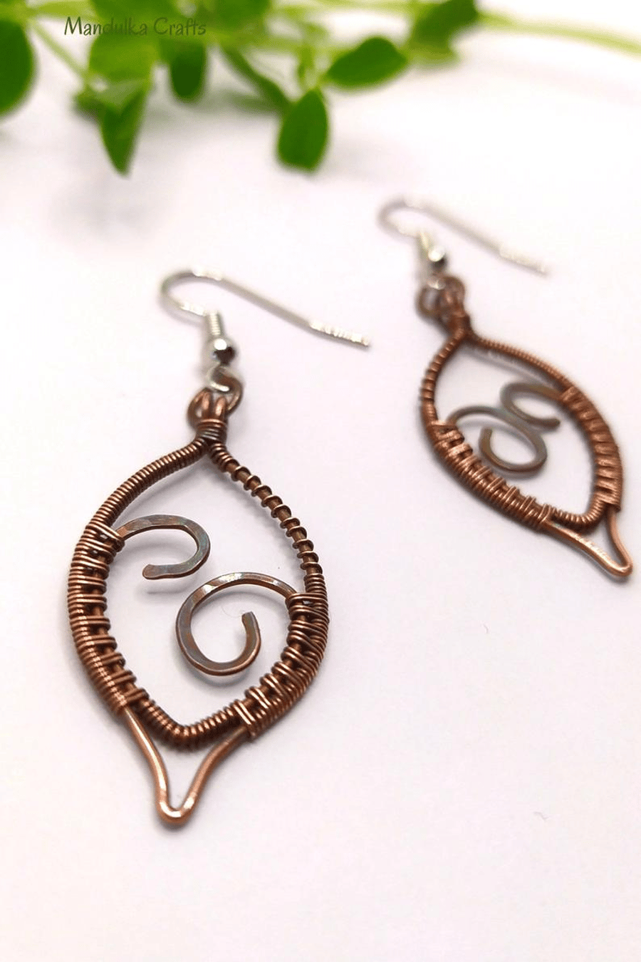 Small Leaf Shaped Wire Wrapped Oxidised Copper Drop Earrings 