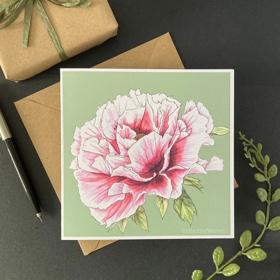 Peony card. Handmade blank floral card from my watercolour painting. Modern art.