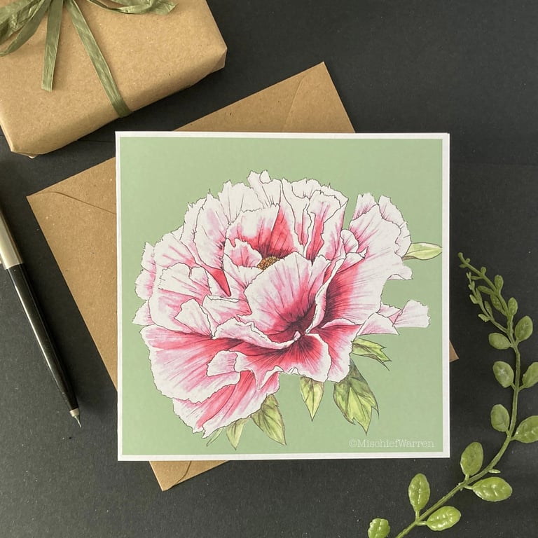 Peony card. Handmade blank floral card from my watercolour painting. Modern art.