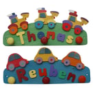 Brightly Coloured Personalised Child's Name Hanger (Diggers, Cars and Tractors)