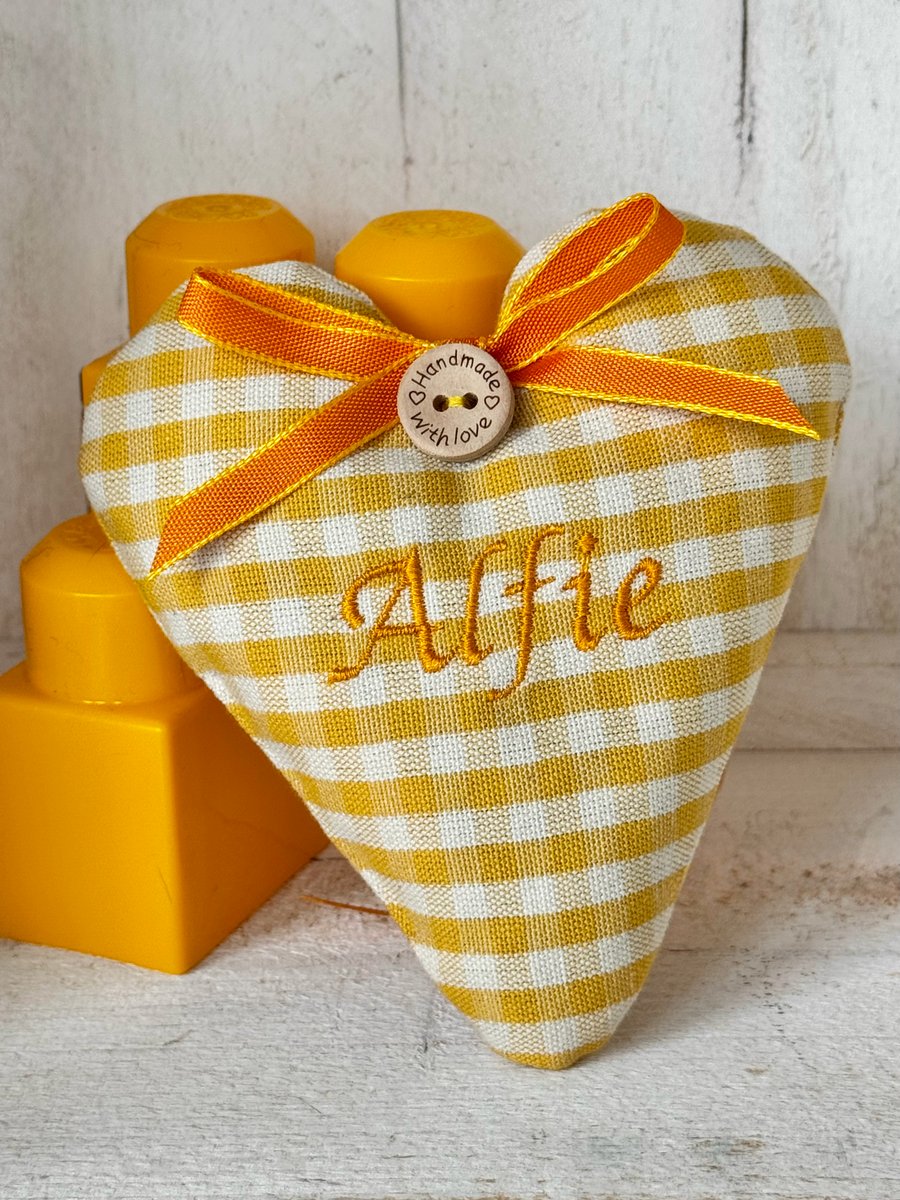 YELLOW NAME HEART - new baby gift - yellow gingham
