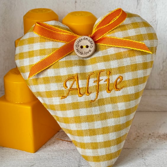 YELLOW NAME HEART - new baby gift - yellow gingham