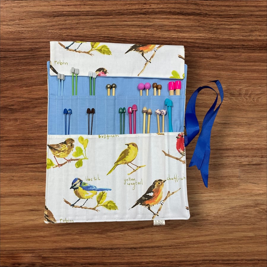 Straight knitting needle case with British garden bird, single point needle case