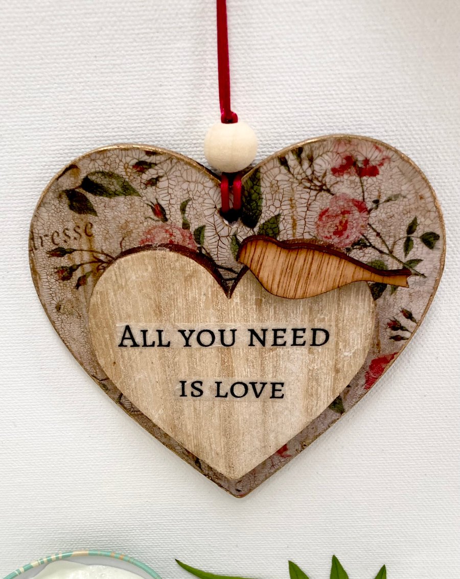 Vintage Decoupage Wooden Heart Hanging Decoration All You Need Is Love With Bird
