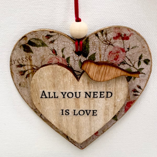 Vintage Decoupage Wooden Heart Hanging Decoration All You Need Is Love With Bird