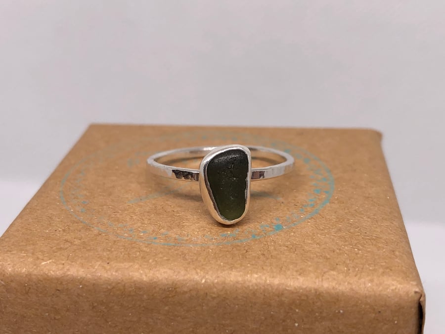 Olive Green Sea Glass and Hammered Sterling Silver Ring - Size R - 1093