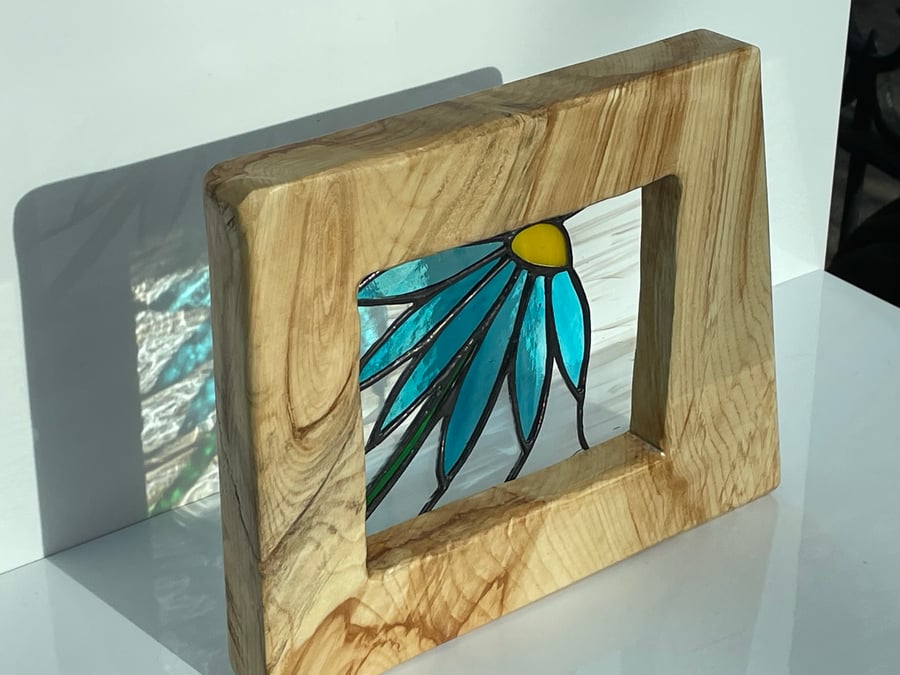 ‘Blue Echinacea’ stained glass in a solid chestnut wood frame. 