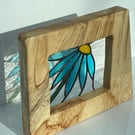 ‘Blue Echinacea’ stained glass in a solid chestnut wood frame. 