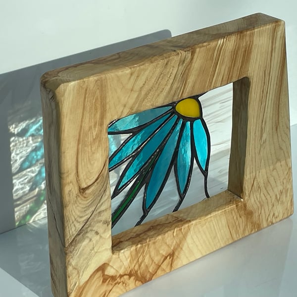 ‘Blue Echinacea’ stained glass in a solid chestnut wood frame. 