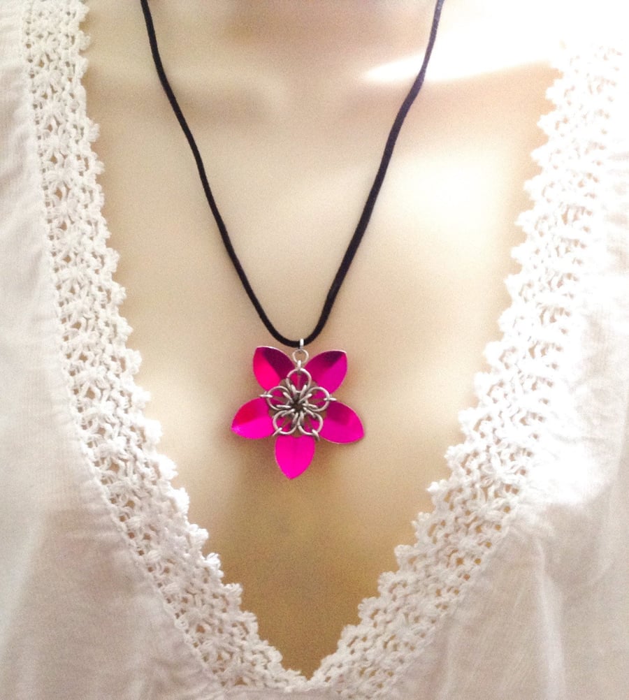 Pink Floral Pendant, Flower Necklace, Flower Pendant, Chainmaille Jewellery