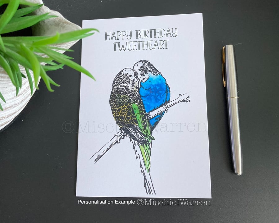 Budgie Card. Blank or Personalised Budgerigar card for any occasion.