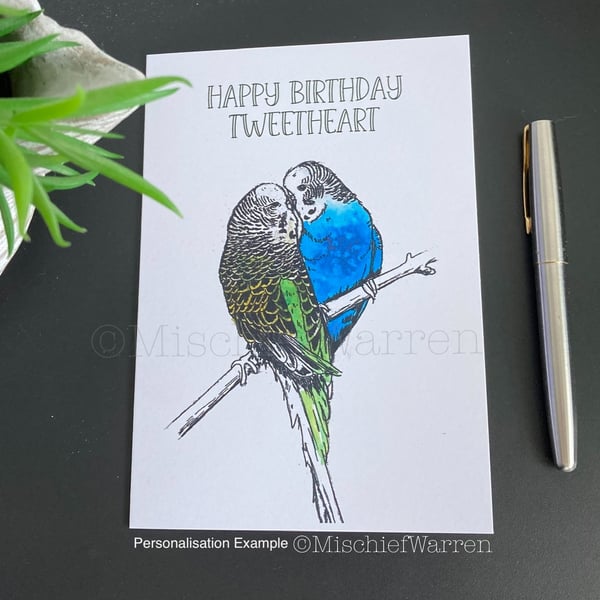 Budgie Card. Blank or Personalised Budgerigar card for any occasion.