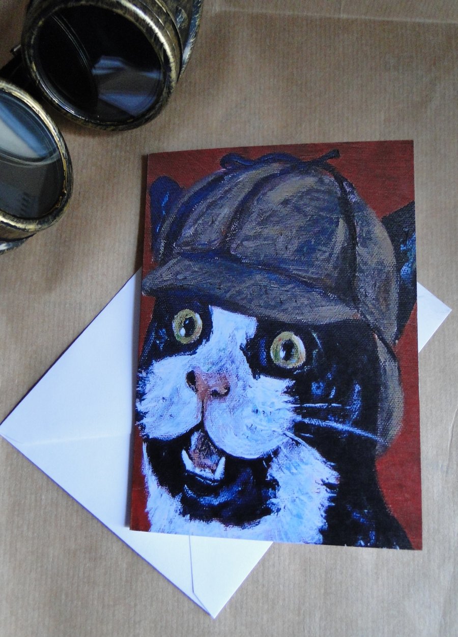Sherlock Kitty Cat Blank Greeting Card From my Original Art Acrylic Painting