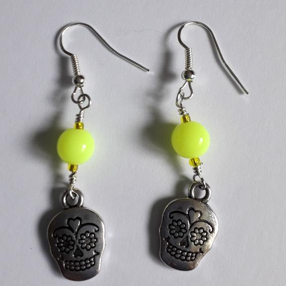 Sugar Skulls & Neon Yellow Bead Dangle Halloween Earrings