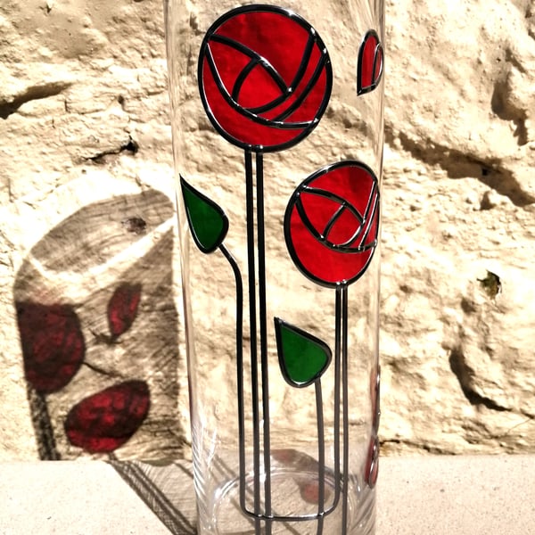 Hearts and Roses Stained Glass Effect Flower Vase Mackintosh Inspired