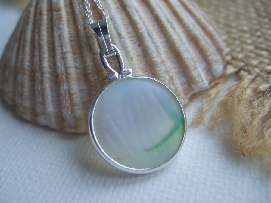 Japanese Sea Glass Ohajiki Marble Necklace Opalescent Green White 18" Sterling 