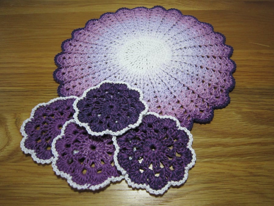 Lilac Doily Mat with Four Matching Coasters, Crochet Centrepiece Mat