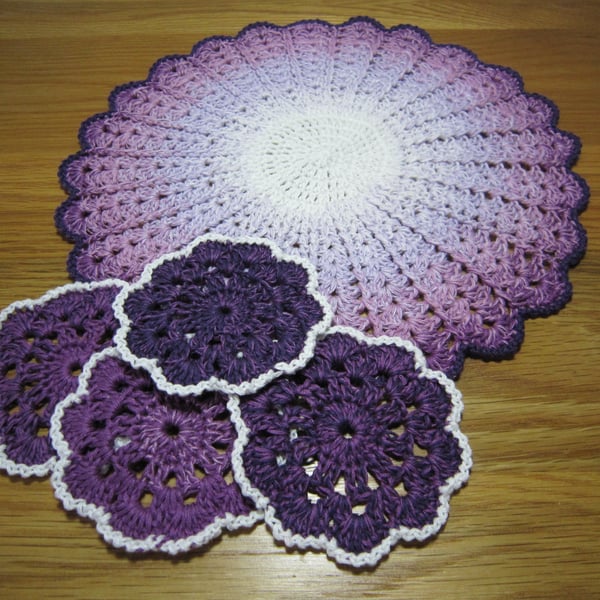 Lilac Doily Mat with Four Matching Coasters, Crochet Centrepiece Mat