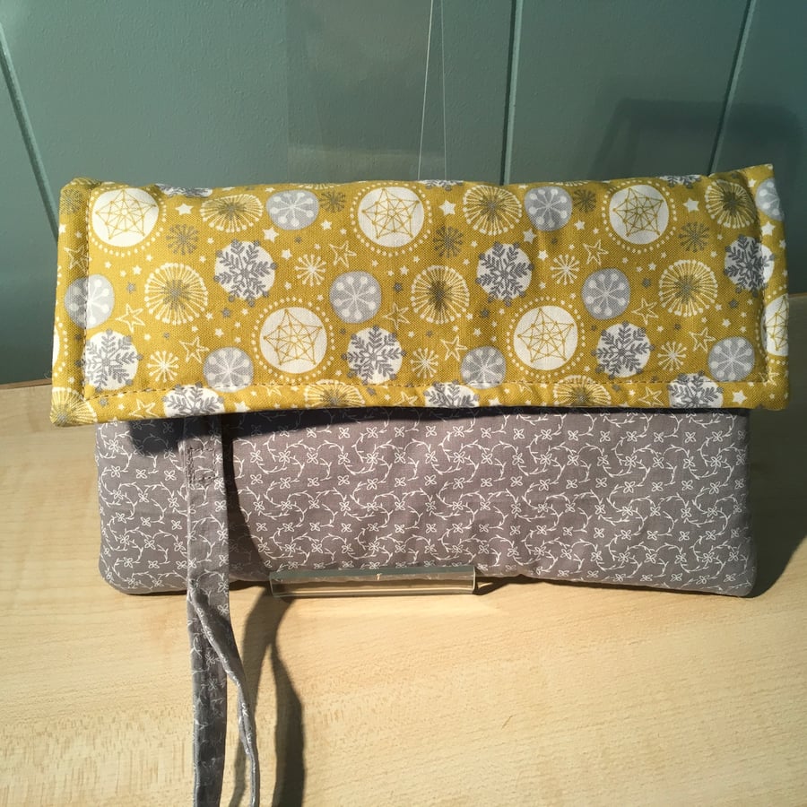 Mustard and Grey Clutch Purse with Zipped Compartment and Wrist Strap in Box