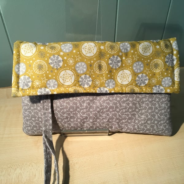 Mustard and Grey Clutch Purse with Zipped Compartment and Wrist Strap in Box