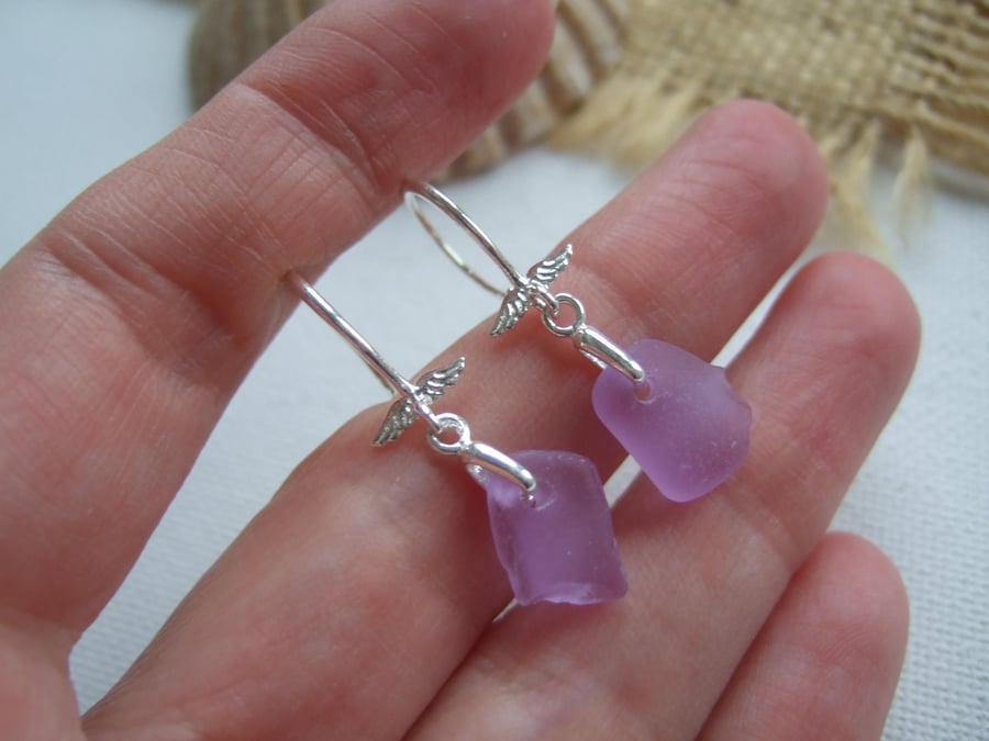 Purple sea glass earring, Neodymium beach glass wings, Spanish color changing