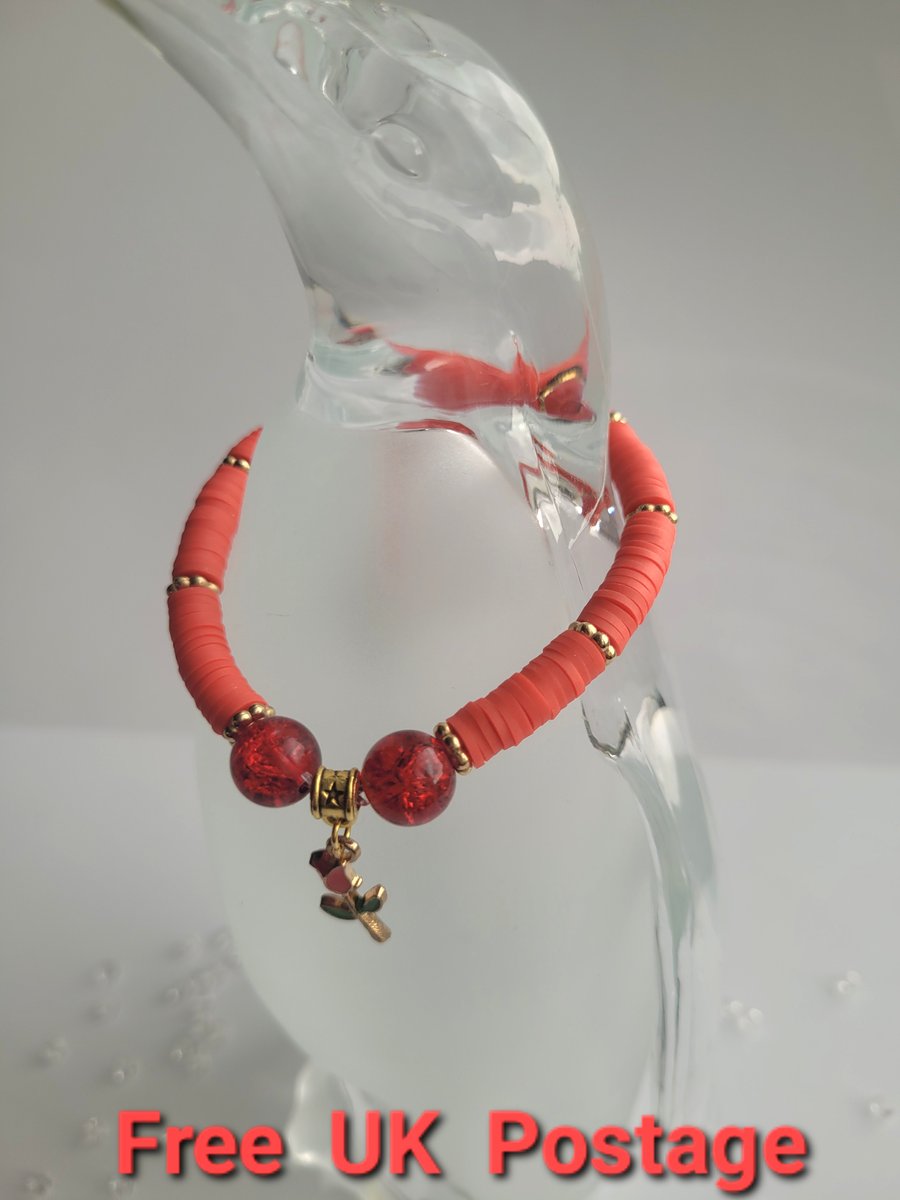 Red and gold polymer clay charm bracelet