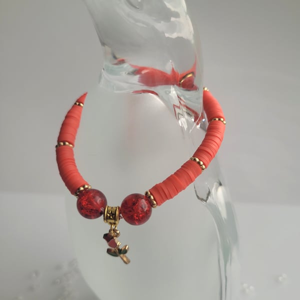 Red and gold polymer clay charm bracelet