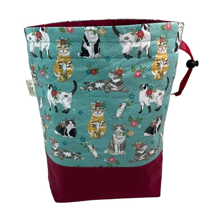two at a time knitting bag with cats, sock sack, drawstring divided pouch, 