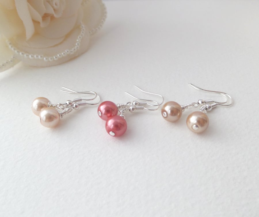 Glass Pearl Earrings, Silver Fish hook, choice of colours