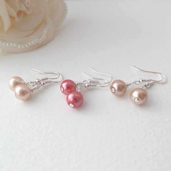 Glass Pearl Earrings, Silver Fish hook, choice of colours